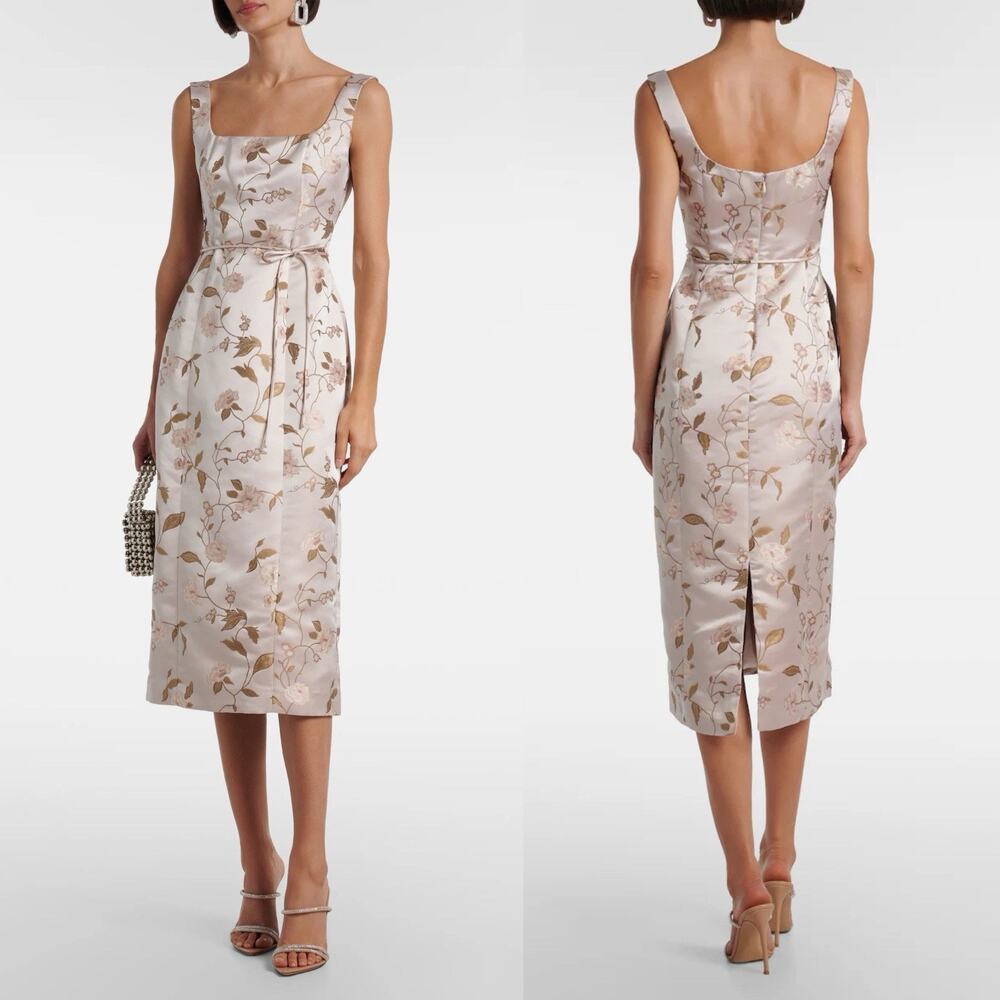 Staud The Zoe Dress Floral Brocade Midi Dress Square Neck Tie Detail Size 00